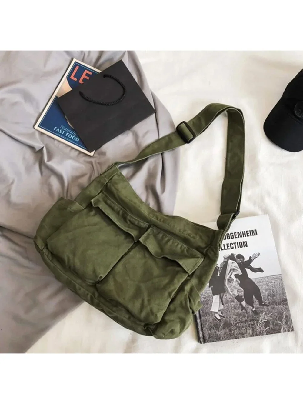 Women's Green Travel Canvas Zipper Crossbody Shoulder Laptop Bag